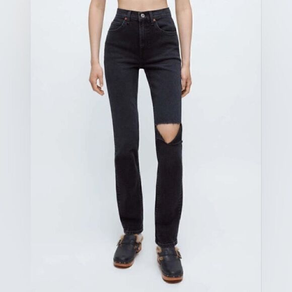 Re/Done 70's High Rise Straight Leg Distressed Denim Jeans In Black Size 27 NWT - Picture 2 of 16